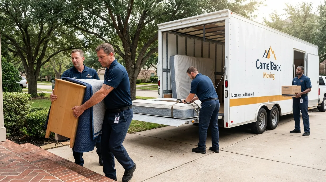 Crew loading residential truck for cross-state move from Brisbane, CA