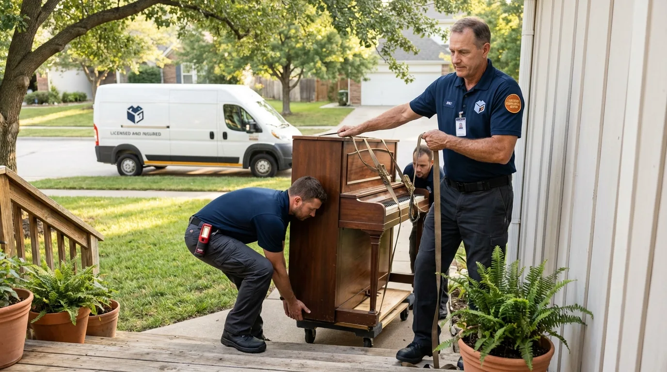 Licensed piano movers securing grand piano in Brisbane, CA