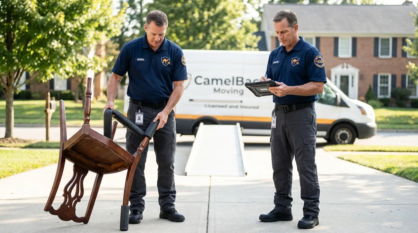 Movers inspecting furniture for damage prevention before loading in Brisbane, CA