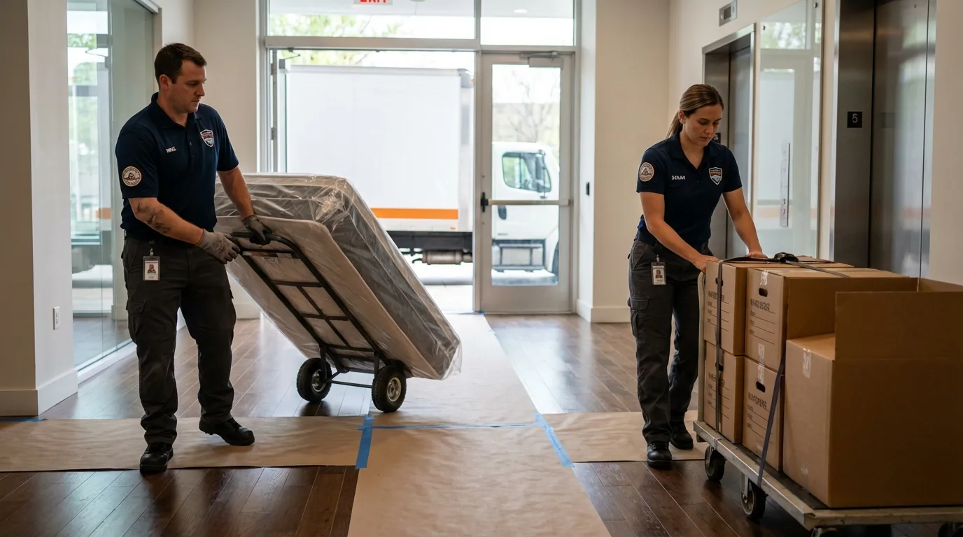 Professional apartment movers loading elevator in Brisbane, CA