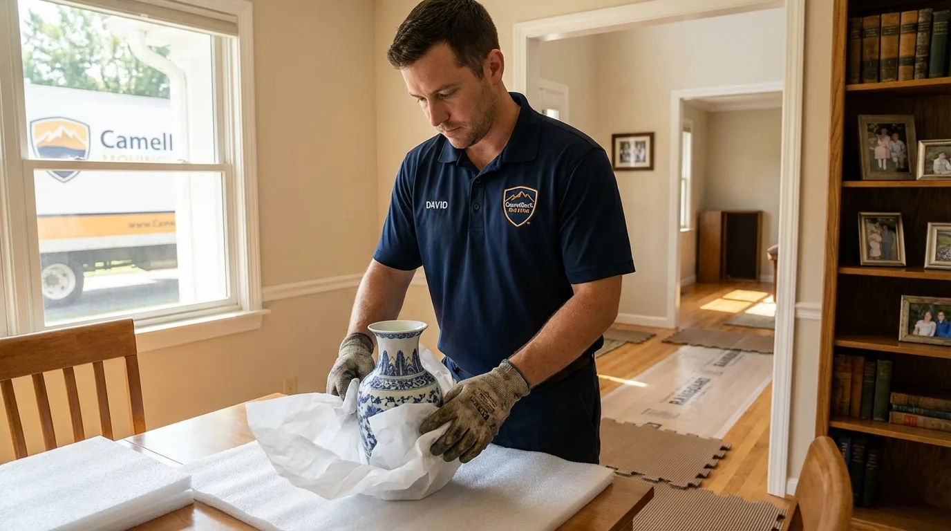 Professional crew carefully wrapping antique vase for senior downsizing move in Brisbane, CA